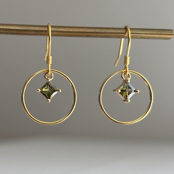 Small Gold Plated Over Sterling Silver Hoop Earrings With Olive Green Square Zir - Picture 3 of 3